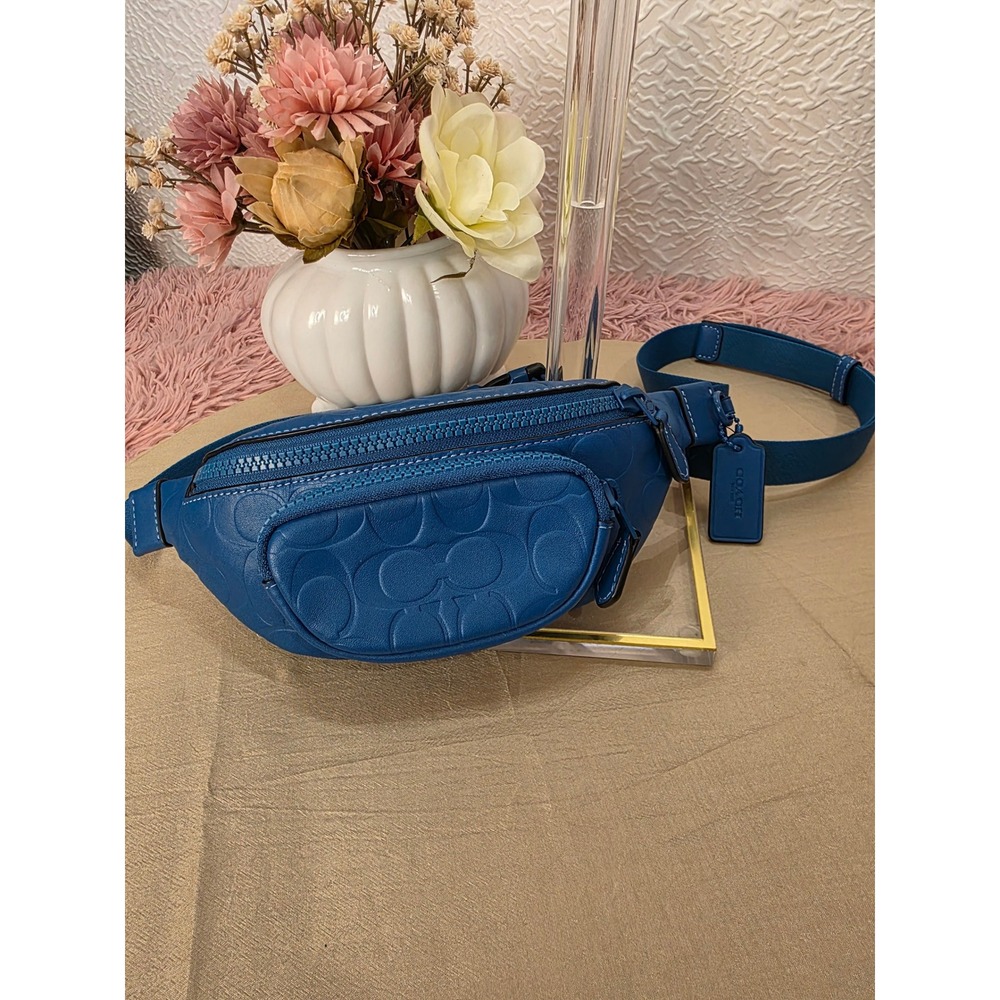 COACH Sprint Belt Bag 24 Women OS Blue Jay Excellent Signature Leather CH073